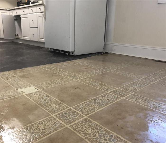 Wet tile-patterned flooring in a separate room from a white kitchen with an open cabinet